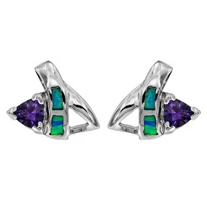 Ohrringe 1 kt Amethyst & australischer Opal Inlay 925 Sterlingsilber OE7 - Bild 1 von 1