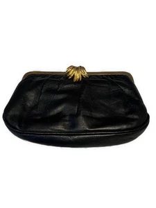 Vintage Lambskin Leather Black Gold Clutch Crossbody Bag - Picture 1 of 7