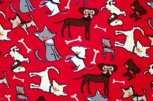 BTY*8 SMALL CUTE DOGS ON RED BACKGROUND ANTI PILL FLEECE MATERIAL 1 YD 60X36" - Picture 1 of 3