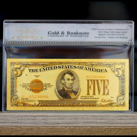 100mg 24K Gold 1928 $5 Five Dollar Bill Gold Certificate Banknote with White COA Cover