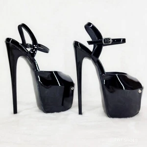 Juicy 09 Black Patent Slim 7" Stiletto Platform Ankle Strap High Heel Shoes - Picture 1 of 12