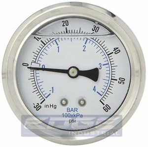LIQUID FILLED VACUUM GAUGE -30-60 PSI, 2.5" FACE, 1/4" BACK MOUNT WOG - Picture 1 of 3