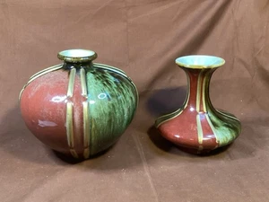 2 Mid Century Modern Vases , Glazed Burgundy And Olive Green - Picture 1 of 6