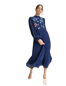 Asos Design Womens Blue Floral High Neck Pleated Long Sleeve Midi Skater Dress 8 - Picture 1 of 7