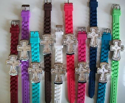 Relógio casual feminino Genebra moda em forma de cruz cristal incrustado pulseira de silicone - Imagem 1 de 4