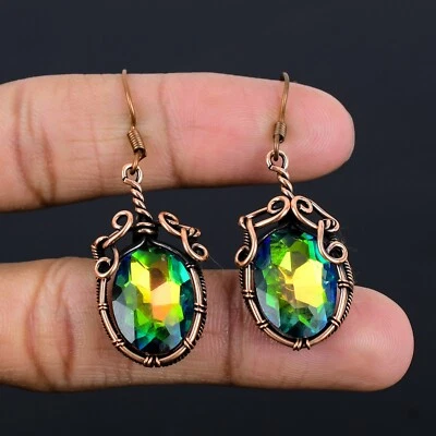 Rainbow Mystic Topaz Earrings Gemstone Copper Wire Wrap Handmade Gift For Woman - Imagem 1 de 4