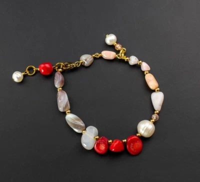 Pulsera de cuentas desajustada, pulsera de coral rojo y perlas hecha a mano Foto 1 de 4