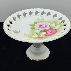Lefton China Compote Pedestal Bowl Green Heritage Hand Painted Roses Vintage - Picture 1 of 11