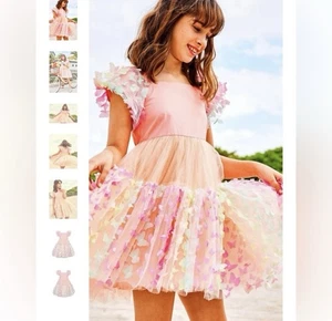GUC Lola + The Boys Big Girls 3D Butterfly Puff Sleeve Tulle Dress In Pink 10 - Picture 1 of 16