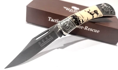 Buck олень Scrimshaw сцены гладкий белая кость замок складной карманный нож - Изображение 1 из 4