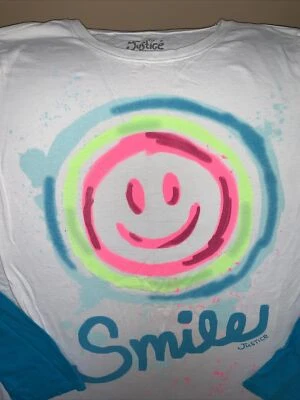 JUSTICE T-SHIRT LONG SLEEVE SIZE 18 SMILE PAINT SPLATTER WHITE/TURQ SUPER CUTE!! - Image 1 of 3
