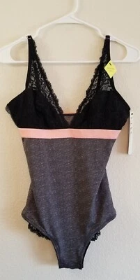 Nicole Miller Bodysuit Large Sleeveless V Neck Gray Black Trim Lace Snaps NWT  - Image 1 of 4