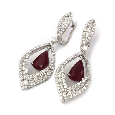 4 ctw Natural Red Pear Ruby & Diamond Solid 14k White Gold Dangle Earrings 36 mm - Image 1 of 3