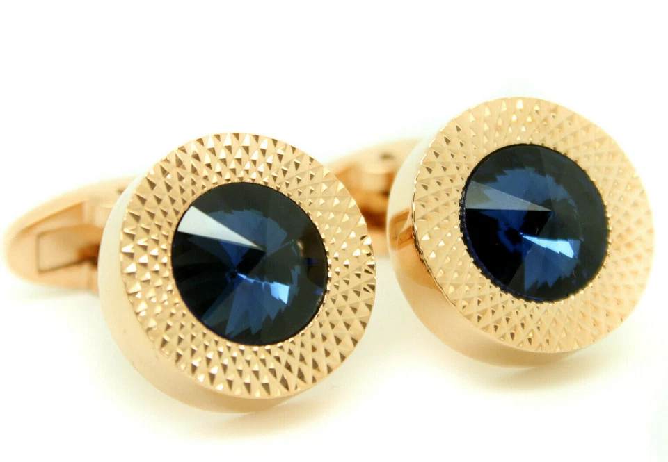 Gemelos redondos de oro rosa impresionantes gemelos circulares de piedra azul brillante para hombre Foto 1 de 4