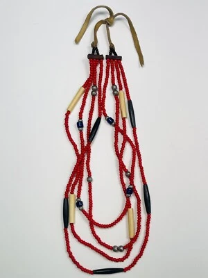 COLAR VINTAGE 22" nativo americano osso vermelho graduado multi-fios com gravata de couro - Imagem 1 de 2