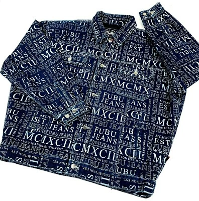 Vtg FUBU Denim Jacket Men Sz 2XL All Over Print MCMXCII Jeans Collection Hip Hop - Image 1 of 4