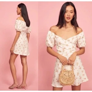 Reformation | Mildred Bowie Linen Dress Floral Off The Shoulder | Sz 6 - Picture 1 of 10