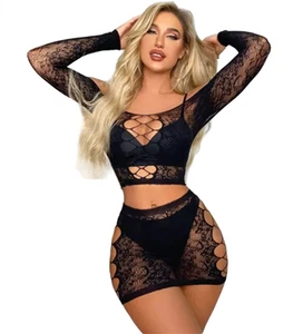 Sexy Women's Floral Body Stocking Bodysuit Nightwear Pantyhose Top + Bottom Set - Picture 1 of 18