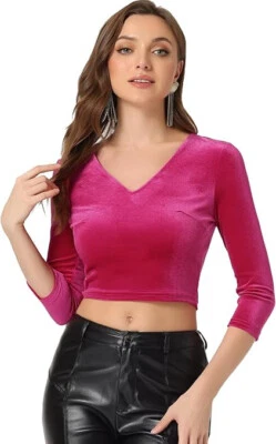 Blusa corta de terciopelo para mujer Allegra K cuello en V manga 3/4 talla M (703) Foto 1 de 4