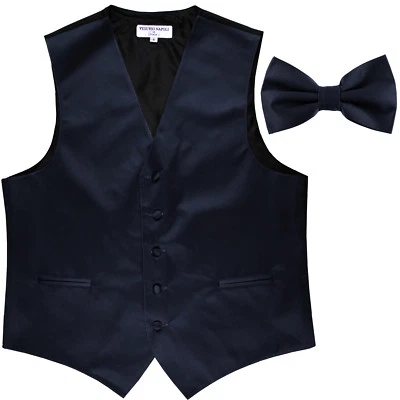New Men's Formal Vest Tuxedo Waistcoat navy blue_Bowtie wedding prom party - Image 1 of 3