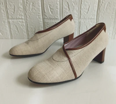 Taryn Rose  Women's size 39.5M/US 9 Beige Brown Cross Fabric Pumps Heels Italy - Image 1 of 4