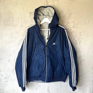 Vintage Adidas Jacket Mens Large Blue Gray Reversible 90s Logo Full Zip Hooded - Picture 1 of 11