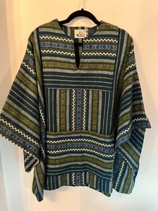 VTG 70s WOOLRICH Poncho Unisex L-XL Green Blue Stripe Geometric Virgin Wool Pkts - Picture 1 of 9
