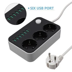Multiprise EU 3.4 A 5V Chargeur Bureau 3 Prise Alimentation 6 USB Port 1.6m - Imagen 1 de 4