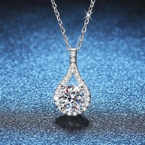 1CT D Color Moissanite Teardrop Pendant Necklace Women 925 Silver Pass Tester - Picture 1 of 9