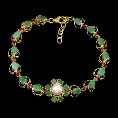 925 Sterling Silver Bracelet Oval Emerald 6x4mm Pearl Ruby Gemstone Jewelry 8 In - Image 1 of 4