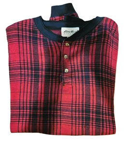 EDDIE BAUER Mens Vintage Henley Sweatshirt Buffalo Plaid Pullover Red SZ L - Picture 1 of 6