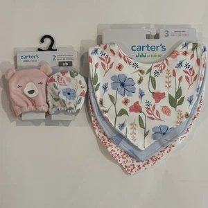 Carter's 3-Pk Floral Bandana Bibs One Size & 2-Pk Mittens Newborn Baby Girl NEW - Picture 1 of 13