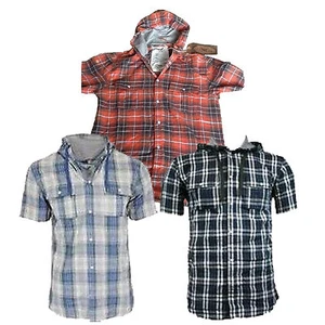 Mens FCUK French Connection Hooded Short Sleeve Check Shirt Sizes S-XL Official - Picture 1 of 3