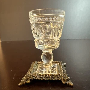 Vintage Indiana Glass Clear Colony Park Lane Square Foot Cordial 3.5" Brass Base - Picture 1 of 5