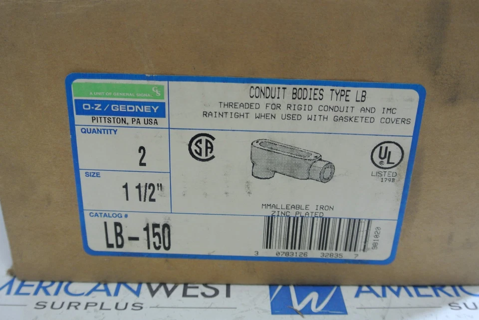 O-Z Gedney LB150 Conducto de Señal General Tipo LB 1-1/2" Caja de 2 NUEVO Foto 1 de 4