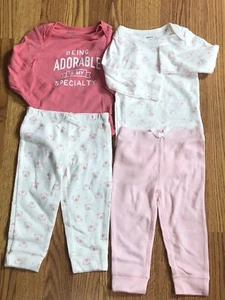 Carter’s Girls Pink Bear Face 4 Piece set 2 Bodysuits, 2 Pants Size 9, 12 or 18M - Picture 1 of 8