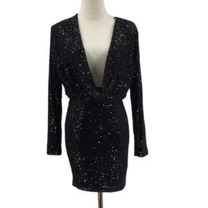 FASHION NOVA SZ M Black Long Sleeve VNeck Stretch Sequin Mini Dress NWT B74 - Picture 1 of 7