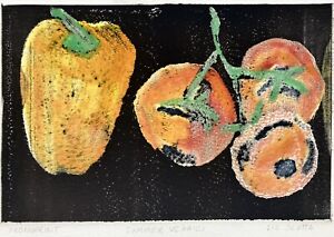 Vintage Monoprint Pepper Tomatoes Art Farmhouse Kitchen Garden Vegetables Rustic
