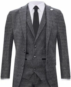 Mens Light Grey 3 Piece Tweed Suit Herringbone Wool Vintage Retro Peaky Blinders - Picture 1 of 6