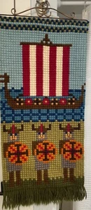 Norwegian Viking Tapestry Handarbeider Needlepoint Wall Hanging Ship Vikings - Picture 1 of 7