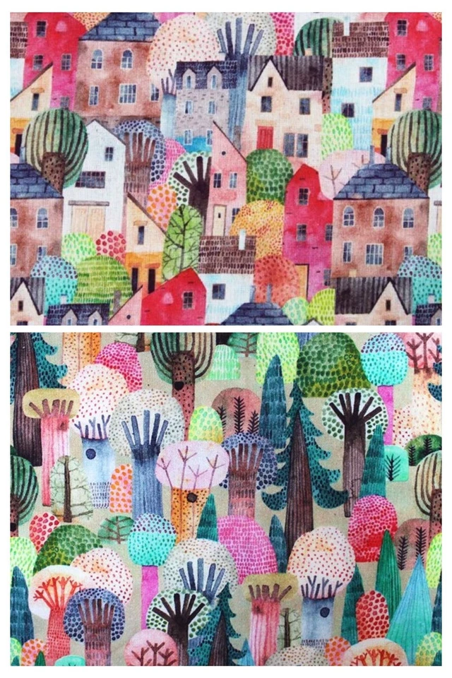 Cotton Fabric Town house Autumn Jungle Trees Houses pink green Craft material 60 - Image 1 of 1