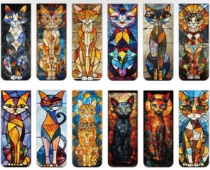 Set Of 4 Cute Cat Stained Glass Magnetic Bookmarks Great For Kids And Adults - Picture 1 of 6