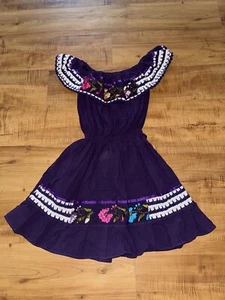 Vintage Mexican Dress Girls Size Large Purple Floral Hand Embroidered Boho Cute! - Picture 1 of 10