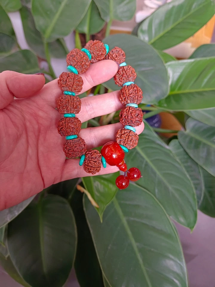 PULSERA DE CINCO CARAS RUDRAKSH NEPAL ABALORIOS CON ÁGATA ROJA Y TURQUESA Foto 1 de 4