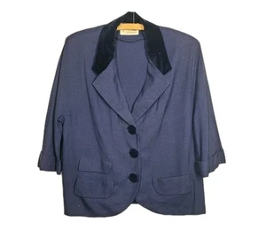 Vtg 50s Navy Linen Blazer Jacket Plus Size XL 45b Velvet Details Retro Pinup Vlv - Picture 1 of 13