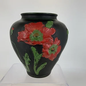 Tiffin Vase Black Red Poppy Amethyst Satin Glass 8.5" Tall Embossment - Picture 1 of 17