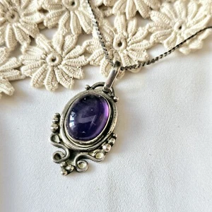 Antike Halskette Anhänger Kette 925 Silber 45cm Cabochon Amethyst 42x21mm - Bild 1 von 20