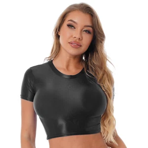 DE Damen Kurzarmshirt Transparent Oberteil Bauchfrei Crop Top Glänzend T Shirt - Bild 1 von 93