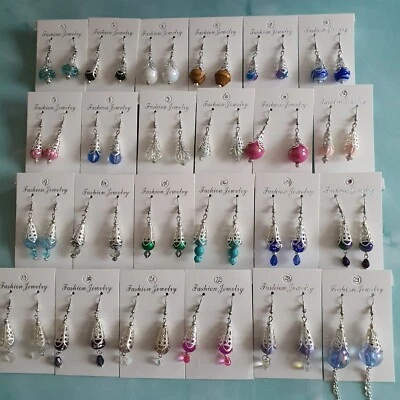 Ohrringe Handarbeit, Unikat, verschiedene Perlen in Fassung, silberfarben - Bild 1 von 2