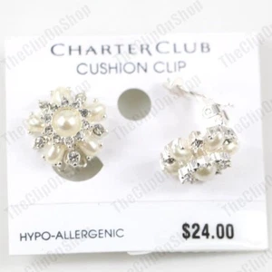 CLIP ON cream PEARL CRYSTAL EARRINGS glass silver rhinestone CLIPS vintage style - Picture 1 of 4